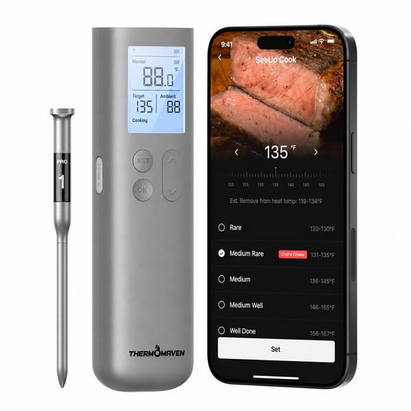 ThermoMaven Sub-1G Smart Wireless Meat Thermometer with Standalone Base, ±0.5℉ Certified Accuracy, WiFi Unlimited Range for BBQ, Oven, Smoker, Grill