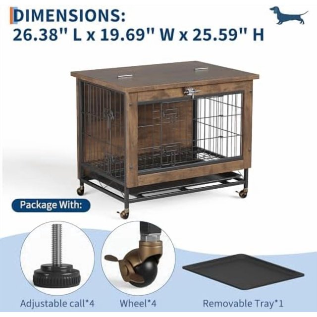 Bingirl Meuble Cage pour Animaux à Double Porte de 26 Pouces, Niche en Bois avec Roues Verrouillables, Table d'Appoint Intérieure pour Animaux Résistante à la Mastication, Fini Brun Rustique, Solution Polyvalente de Logement pour Animaux