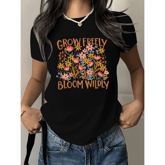 Free Spirit Grow Freely Bloom Wildly Print Tshirts Nature Inspired Graphic Tees Botanical Flower Design Short Sleeve Casual Tops Black,S