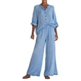 thumbnail image 2 of Women's Two Piece Set, Long Sleeve Button Down Shirt and Elastic Waist Wide Leg Pants, Matching Linen Blend Resort Wear, Beach Cover Up and Loungewear Set for Women-Sky Blue, 2 of 4