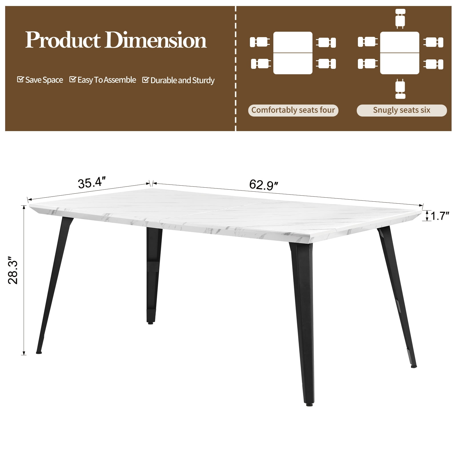 Homy Casa Dining Table for 4-6 People, 62.9inch Industrial Wood Large Kitchen Table with Strong Metal Frame, White
