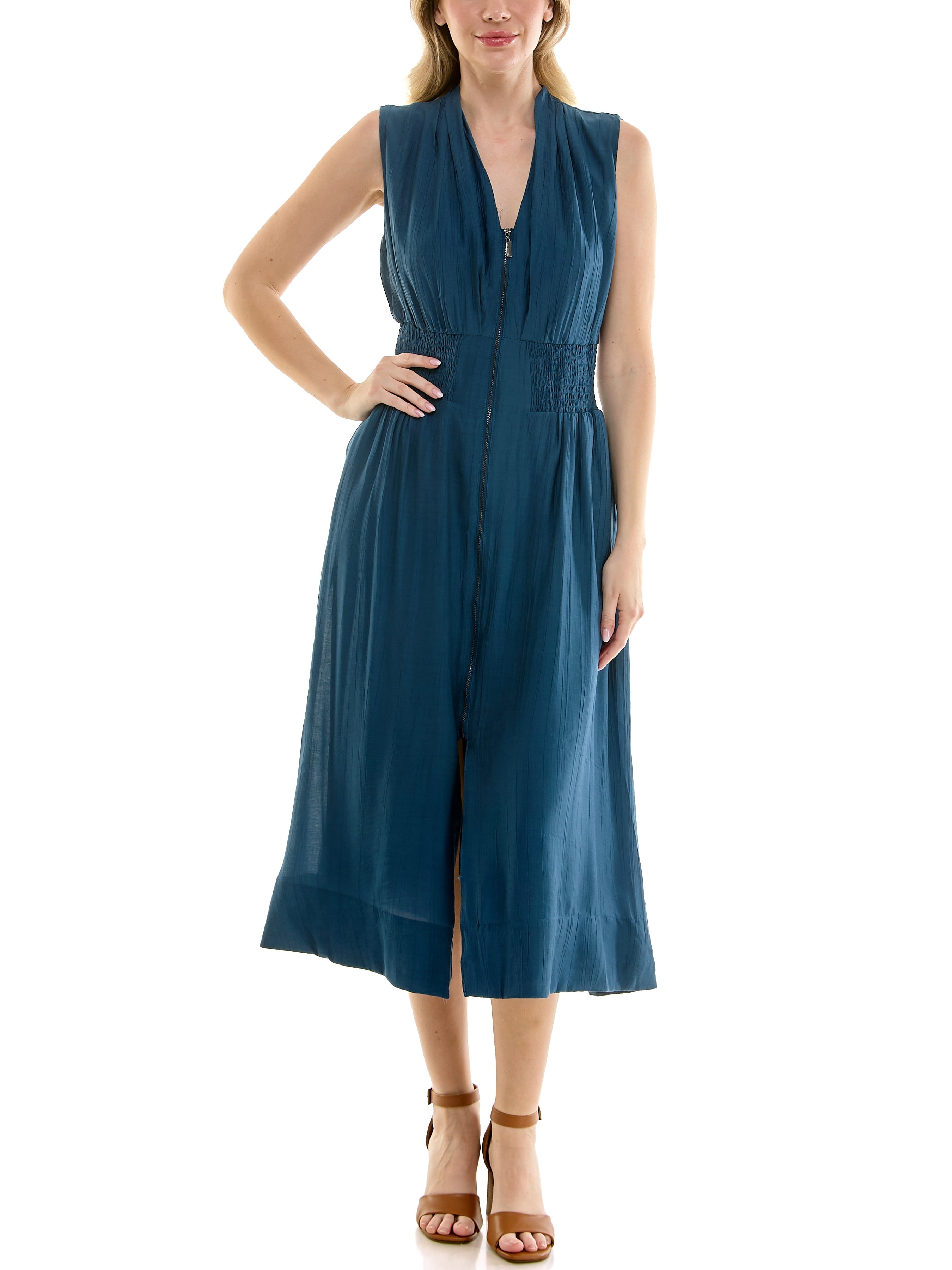 Sleeveless, V-Neck, smocked empire waist, zip front, fit & flare, midi dress in soft crinkle fabric,S-XL