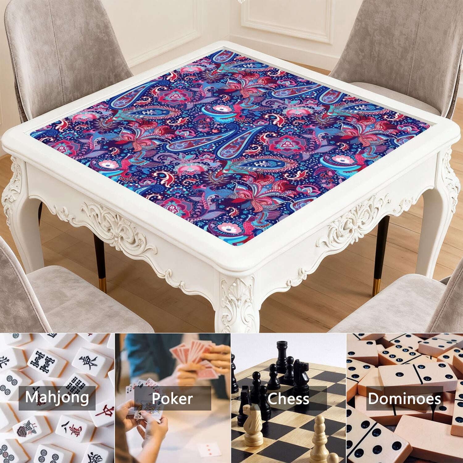 Classic Boho Style Multi-Purpose Game Mat 31.5x31.5 Inch Rubber Surface for Mahjong with Anti-Slip Backing and Noise Dampening for Game Room Activities