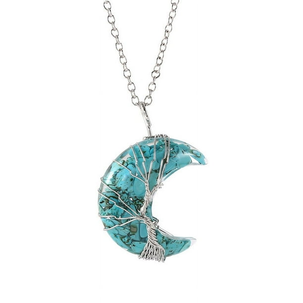 Zhuge Colgante de collar con forma de árbol de la vida, accesorios para collares para hombres y mujeres, colgante de luna de grava de cristal de colores (hilo de plata verde)