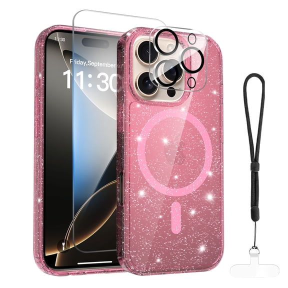 Allytechgroup Glitter Bling Case for Apple iPhone 16 Pro with Screen Protector, Camera Lens Protector, Hand Strap, [Compatible with Magsafe] Hard PC Phone Case Cover for Women Girls, Pink