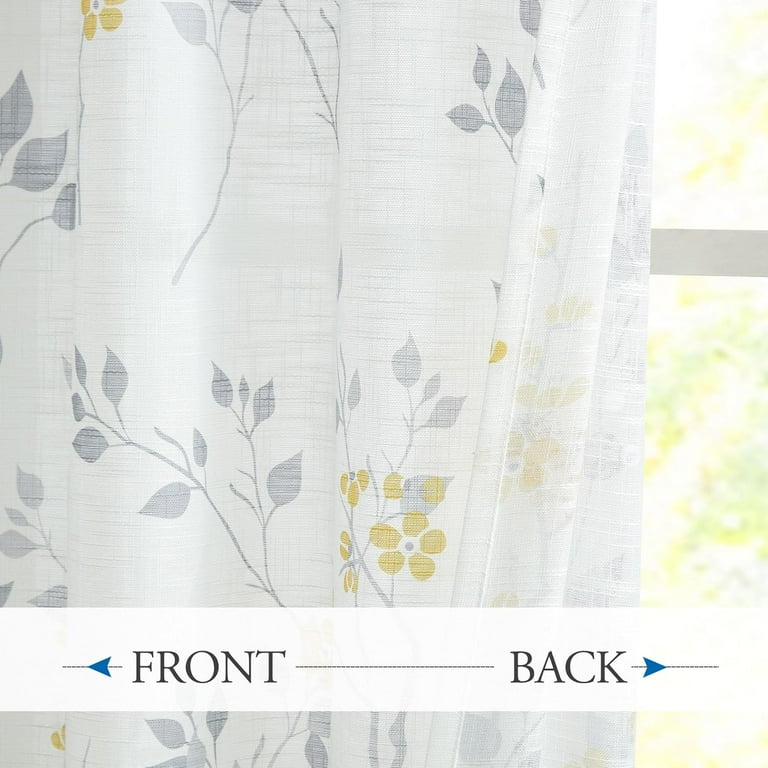 Classical Floral Semi Sheer Curtains 52"W X 84"L, Grey/Yellow, Grommet Top - 2 Panels 3 thumbnail image