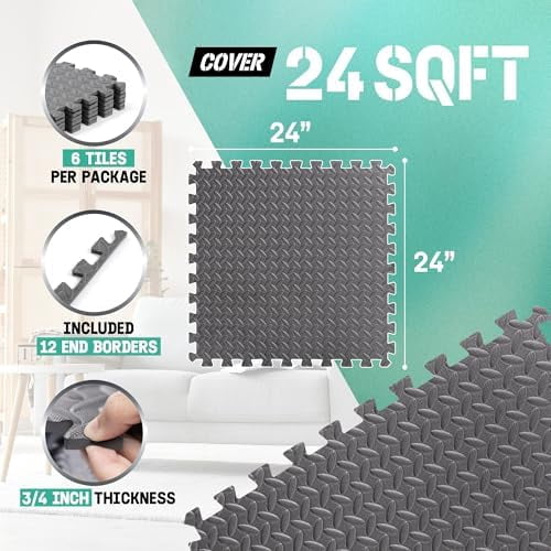 24SQFT-120SQFT Puzzle Exercise Mat for Home Gym, EVA Interlocking Foam Floor Tiles with Border for Workout Equipment Grey,F. 3/4" Thick, 24SQFT