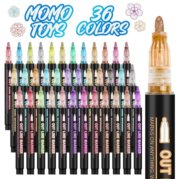 MOMOTOYS Glitter Pens, Metallic Outline Markers, 36-Count
