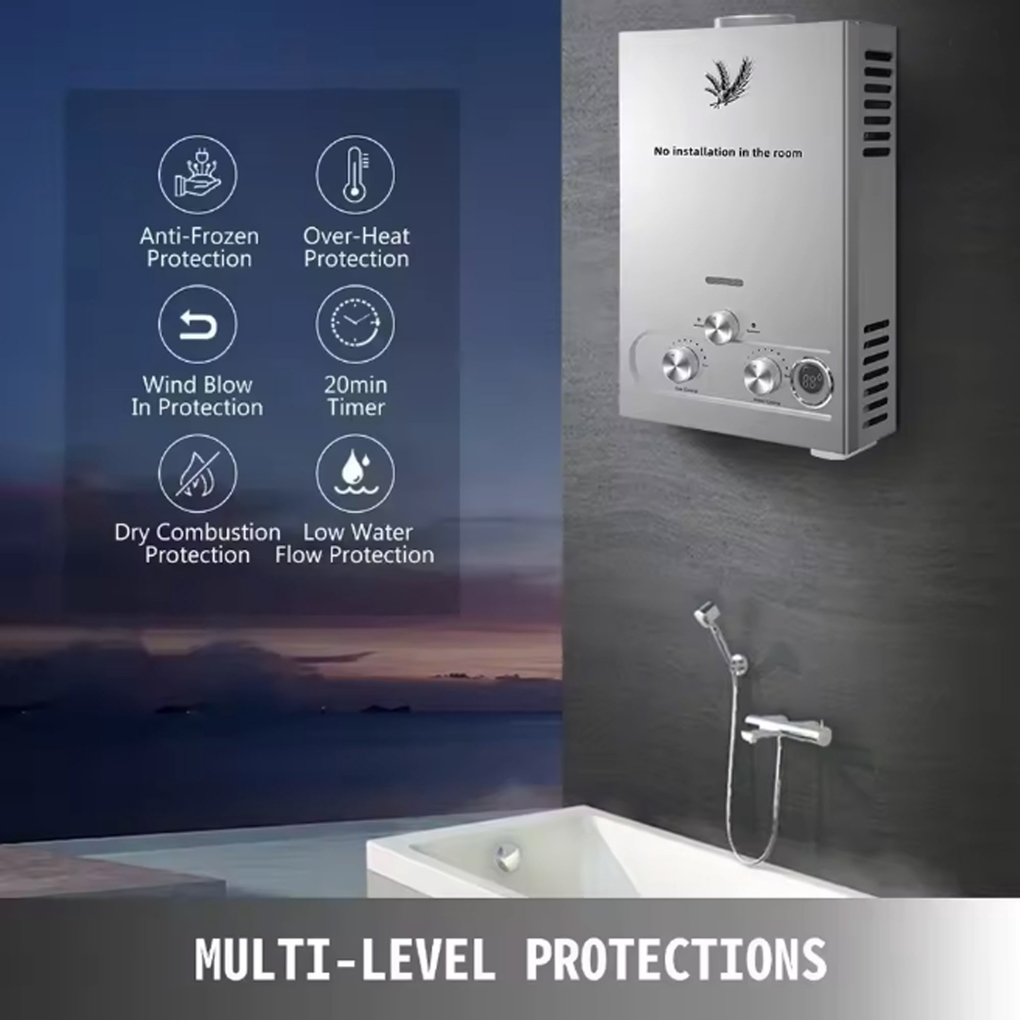 Tankless Water Heater LPG Propane with Digital Display, 2.7GPM 10L Portable Instant Hot Gas Water Heater for Indoor and Camping