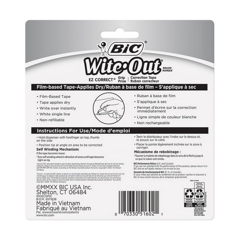 BIC Wite-Out Brand EZ Correct Grip Correction Tape, White, 2-Pack for  School Supplies 