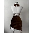 thumbnail image 2 of Brown Velvet Criss-Cross Ruched Waist Bodycon Mini Dress, Sleeveless Halter Neck, 2 of 6