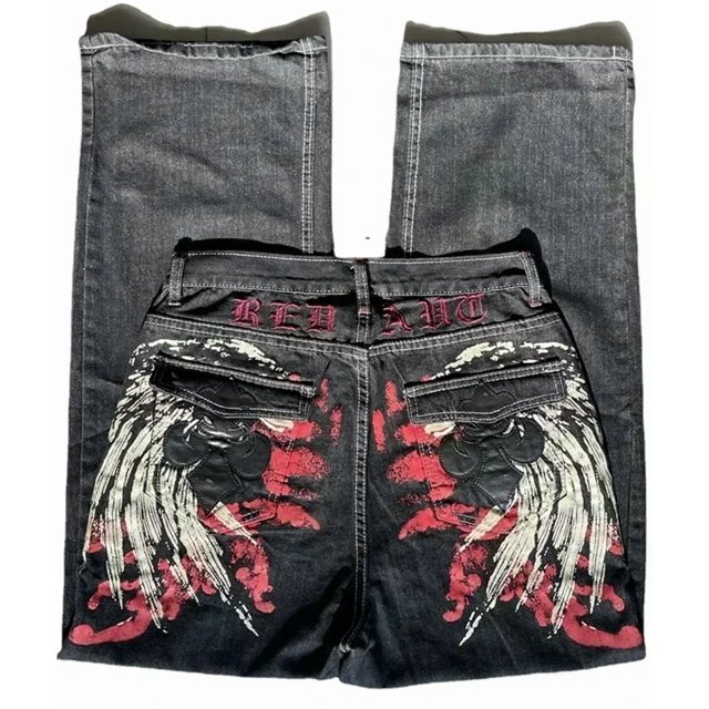 Womens Polyester Printed Oversized Baggy Wide Leg High Waist Full Length Jeans