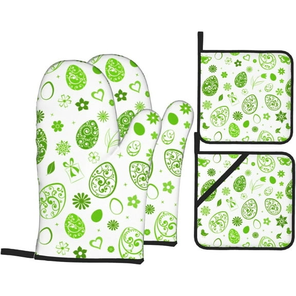Easter Oven Mitts and Pot Holders 4 Pcs Sets for Kitchen, Cooking Gloves Heat Resistant Oven Mitt Gloves Non Slip Potholders BBQ Gloves for Grilling, Baking, BBQ