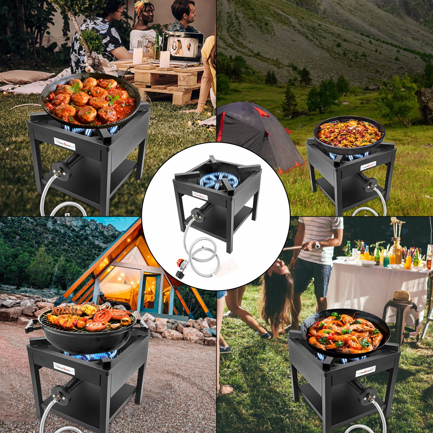 GOLDDOMUS Square Heavy Duty Outdoor Stove Propane Gas Cooker with 20PSIG Regulator & Steel Braided Hose for Home Outdoor Camping
