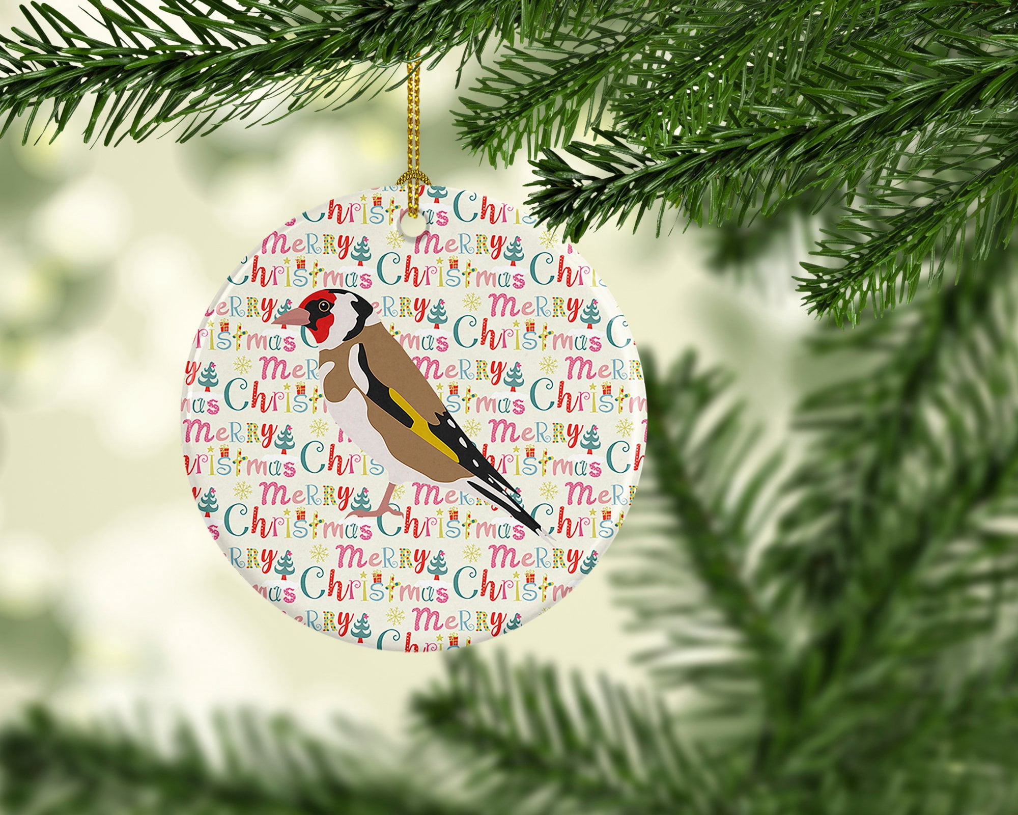 Gold Finch Christmas Ceramic Ornament 2.8 in x 2.8 in