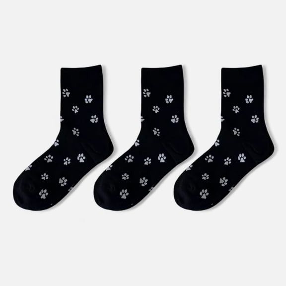 Women's 3-Pack Crew Socks with Allover Paw Print Pattern Soft Stretch Casual Sock Set - Black