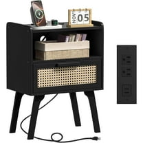 Rattan Nightstand with Charging Station, Black Bedside Table with Drawer Open Shelf, Cane Accent Side End Table with Solid Wood Legs, Night Stand for Bedroom, Dorm and Small Spaces