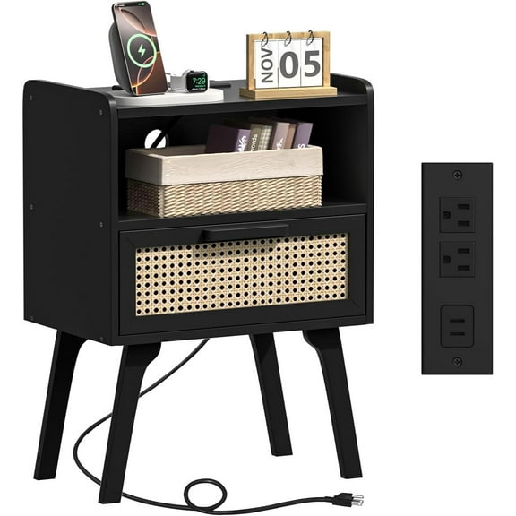 Rattan Nightstand with Charging Station, Black Bedside Table with Drawer Open Shelf, Cane Accent Side End Table with Solid Wood Legs, Night Stand for Bedroom, Dorm and Small Spaces