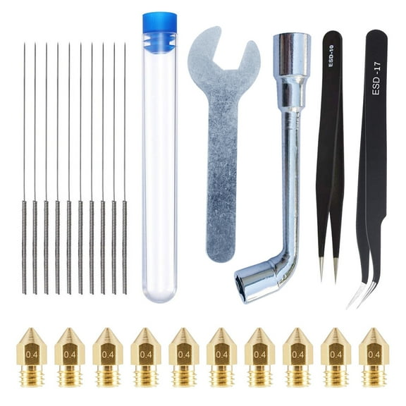 Nozzle Cleaning Kit for 3D Printers 10 Brass Nozzles, Precision Tweezers, Robust Cleaning Needles for Makerbot, Ender 2, CR-10