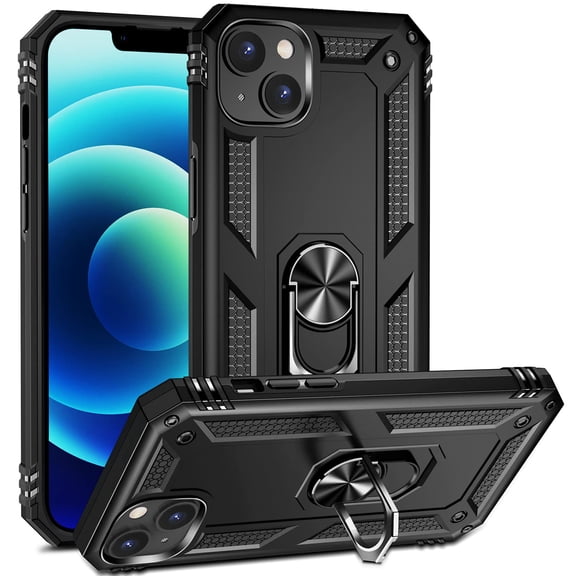 Military Grade Drop Impact for iPhone 14 Case 360 Metal Rotating Ring Kickstand Holder Armor Heavy Duty Shockproof Case for iPhone 14 Phone Case (Blue)