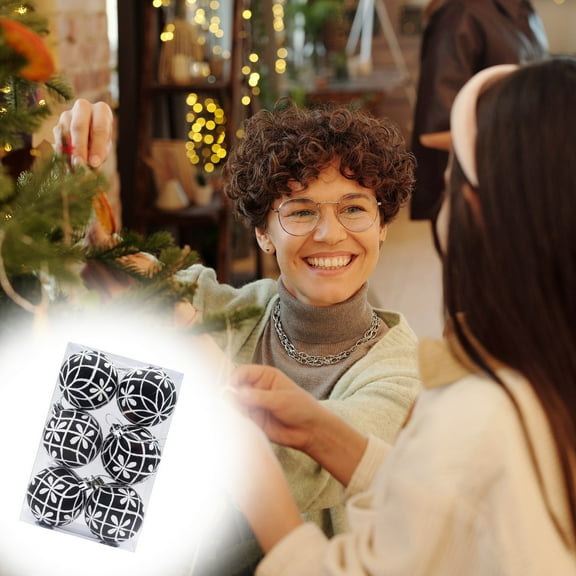 6PCS Black & White Christmas Ornaments, 2.36" Large Deco Balls with Artistic Painting, Shatterproof Plastic Hanging Ornaments for Festival/Party