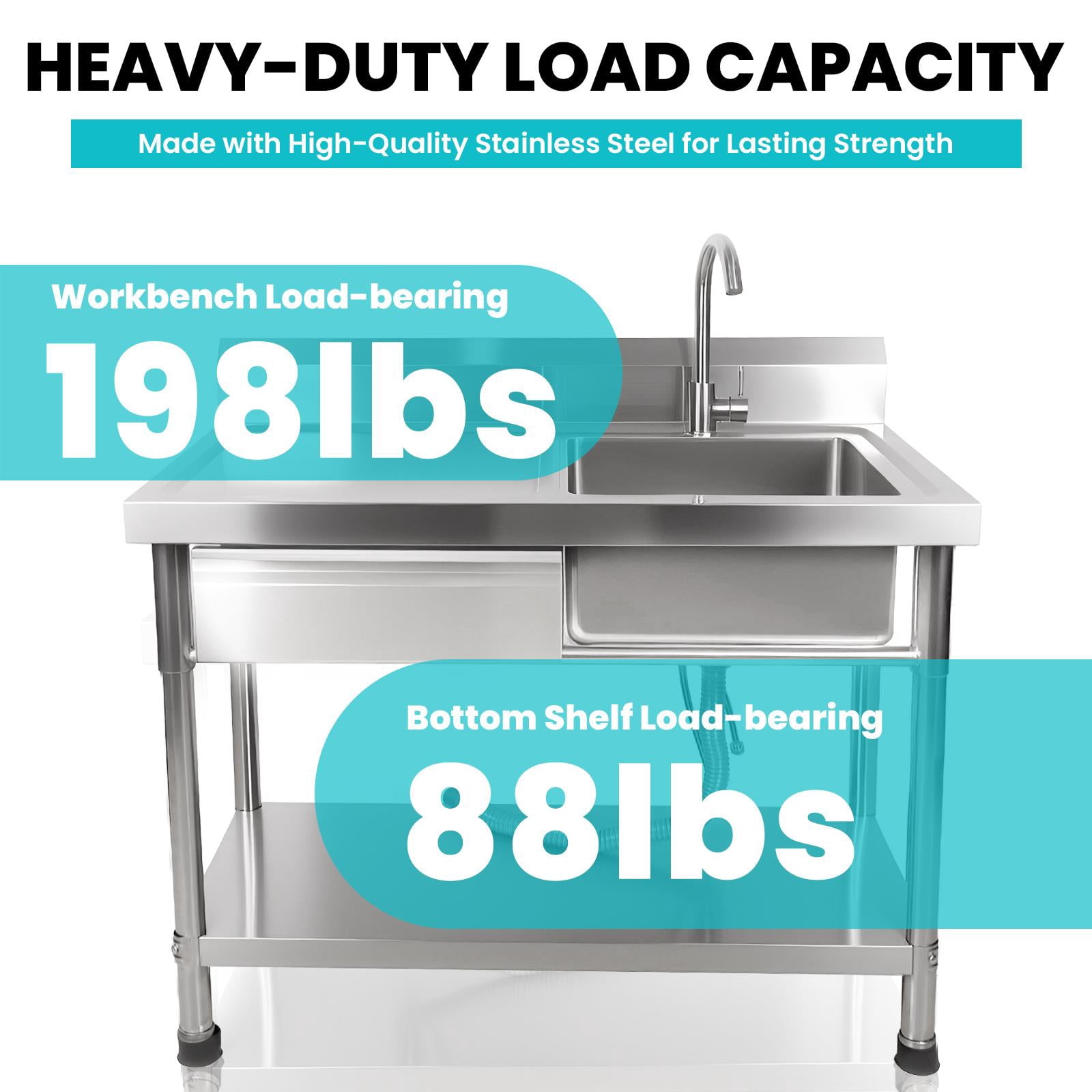 Freestanding 304 Stainless Steel Single Bowl Sink, Commercial Kitchen Utility Sink with Drawer & Adjustable Shelf, Heavy-Duty Sink for Restaurant, Laundry Room and Household Use
