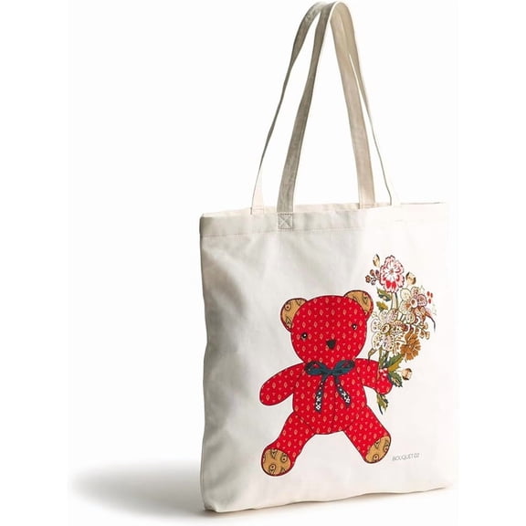 Vera Bradley Women's Cotton Canvas Red Bear Bouquet Tote Bag, Natural, Red