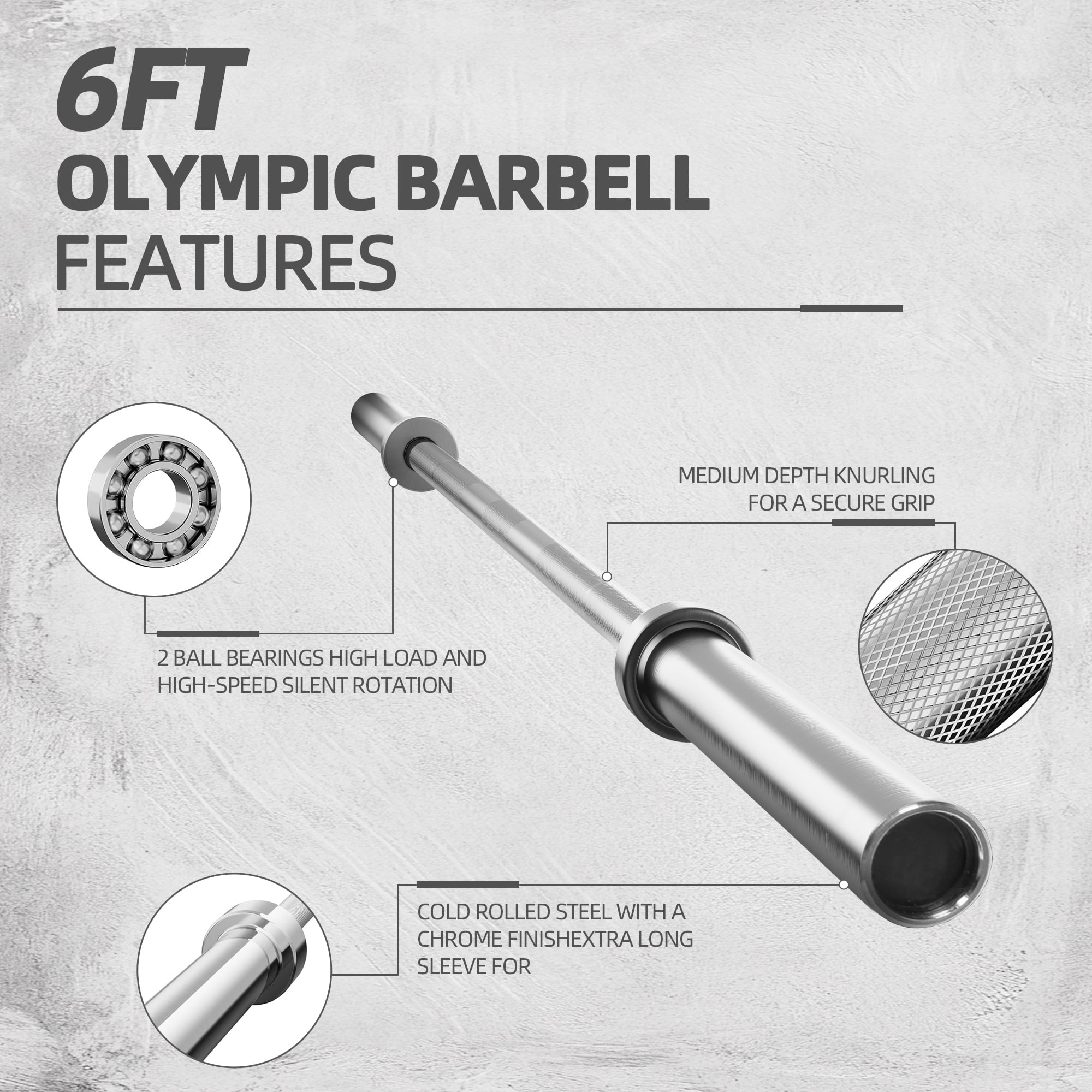 FlexWave Olympic Barbell，6FT, 2-Inch Diameter, 700LB Capacity, Silver, for Powerlifting & Weightlifting
