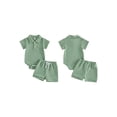 thumbnail image 2 of BemeyourBBs Newborn Baby Boy Girl Summer Clothes 2 Piece Outfits Waffle Texture Button Lapel Neck Short Sleeve Solid Color Romper and Shorts Set, 2 of 9