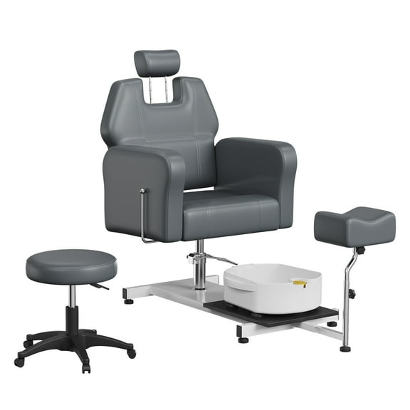 Reclining Pedicure Chair, Height Adjustable Hydraulic Pedicure Chair Station with Foot Massage Basin & Stool, 360° Rotation Beauty Spa Salon Unit Station
