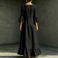 thumbnail image 5 of Women's V Neck Flowy Midi Dress, 3/4 Bell Sleeve Ruffle Hem Loose Casual Dress with Side Pockets, Boho Vacation Dress for Beach Daily Outfits Black L(L), 5 of 9