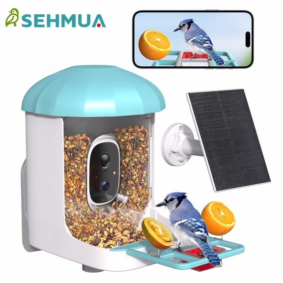 SEHMUA Smart Bird Feeder with Camera & 3W Solar Panel, AI Bird Species Identification, HD Live Video, 2L Capacity, 1-Year Trial
