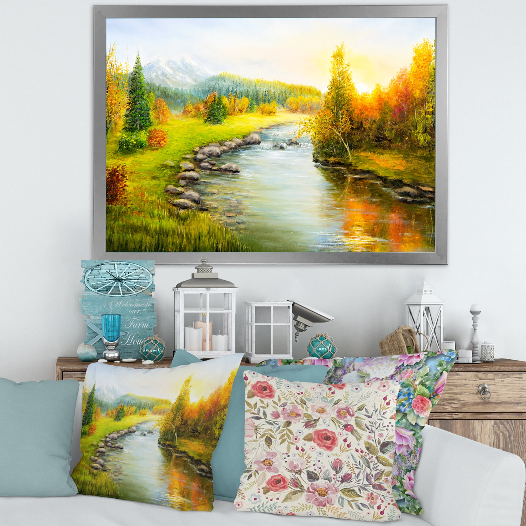 Designart 'Autumn Landscape With Forest River and Mountains' Lake House Framed Art Print