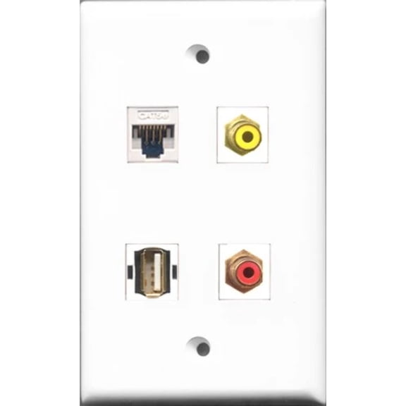 RiteAV 1 Port RCA Red and 1 Port RCA Yellow and 1 Port USB A-A and 1 Port Cat5e Ethernet White Wall Plate