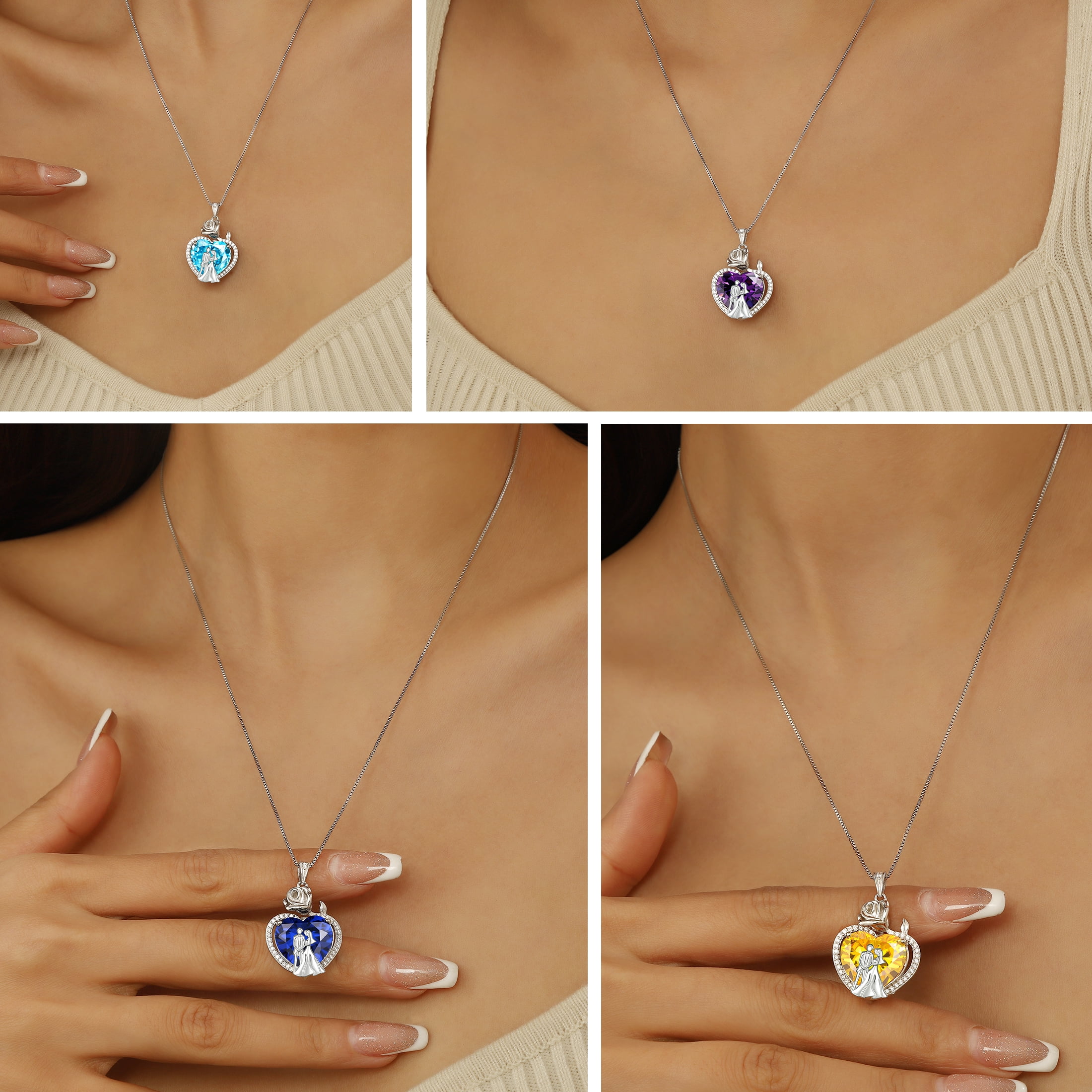 Juwaliy Couple Necklace for Women 925 Sterling Silver Heart February Birthstone Rose Flower Pendant Wedding Engagement Jewelry Valentines Day Gift for Her Wife/Girlfriend