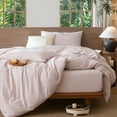 thumbnail image 5 of MooMee Striped Duvet Cover Set King 100% Washed Cotton Linen Like Textured Breathable 3-Piece (Greyish Pink& White Wide Stripes, 104"x90"), 5 of 8