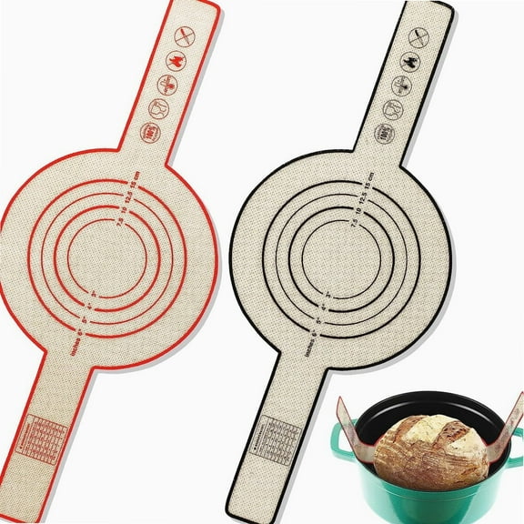 2 Pcs Silicone Baking Mat for Dutch Oven Bread Baking Non Stick Bread Mat Bread Sling Dutch Oven with Long Handle 0.7 mm Thickened Baking Bread Pad for Dough Pastry, Red and Black