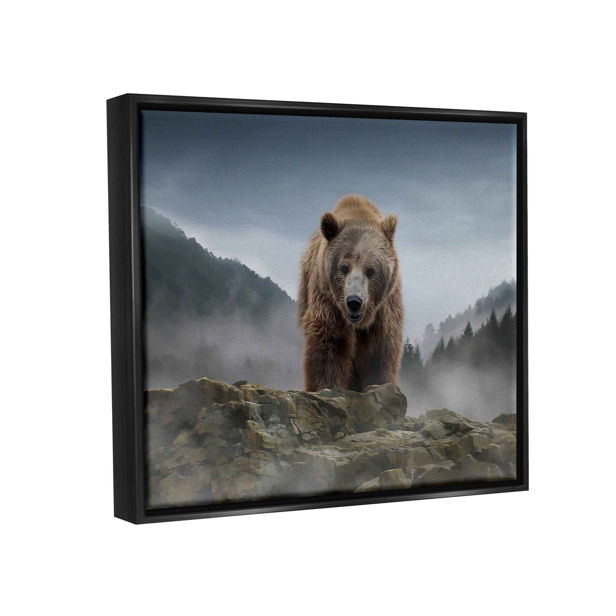 Stupell Industries Roaring Brown Grizzly Bear Rocky Mountain Top View Graphic Art Jet Black Floating Framed Canvas Print Wall Art, Design by Kelley Parker