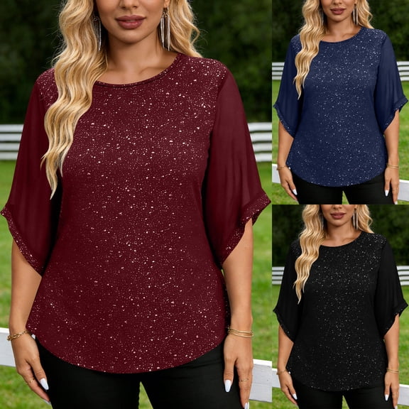 QIUOMBBP Women's Plus Size Sparkly Top Ruffle Short Sleeves Crew Neck Dressy Shirt Loose Casual Summer Party Blouse Black XXXXXL