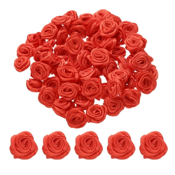 Uxcell 100Pcs 1.5cm Mini Ribbon Roses for Crafts Artificial Fabric Flowers, Red