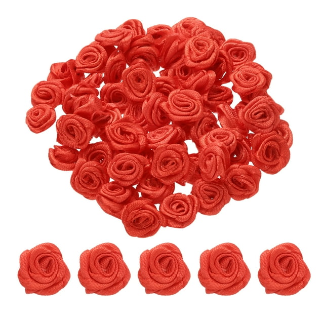 Uxcell 100 Pcs 0.6 pulgadas Mini Rosas de Cinta para Manualidades de Bricolaje Costura Flores de Tela Artificial Rojas