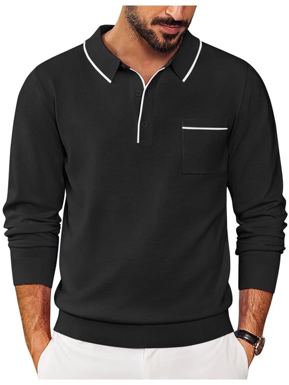 Knit Polo for Men Long Sleeve Collared Sweater Polo Business Casual Polos with Pocket