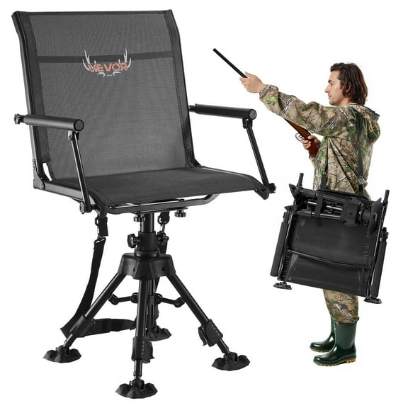 VEVOR Hunting Chair, 360° Silent Swivel, Foldable Portable Blind Chair, Heavy-Duty Steel Frame Ground Stool Seat,with Armrests, Anti-Sink Feet, Height Adjustable, 350 Lbs Capacity for Fishing Camping