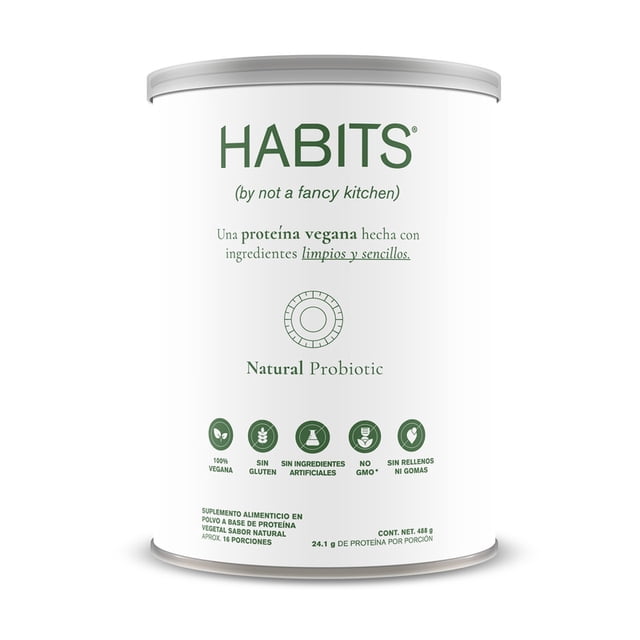 proteína vegana habits natural 488g Envase cilíndrico frontal con etiqueta blanca y texto verde; marca HABITS, leyenda sobre ingredientes limpios y Natural Probiotic; iconos indican 100% vegana, sin gluten, sin ingredientes artificiales, no GMO y sin gomas; neto 488 g y 24.1 g de proteína por porción.