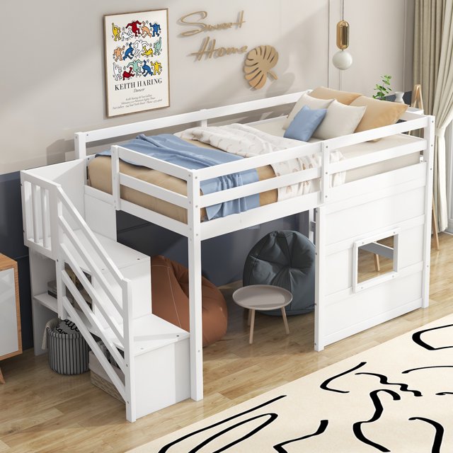 Noble House LED Light Twin Size Loft Bed with Storage Staircase and Window, White