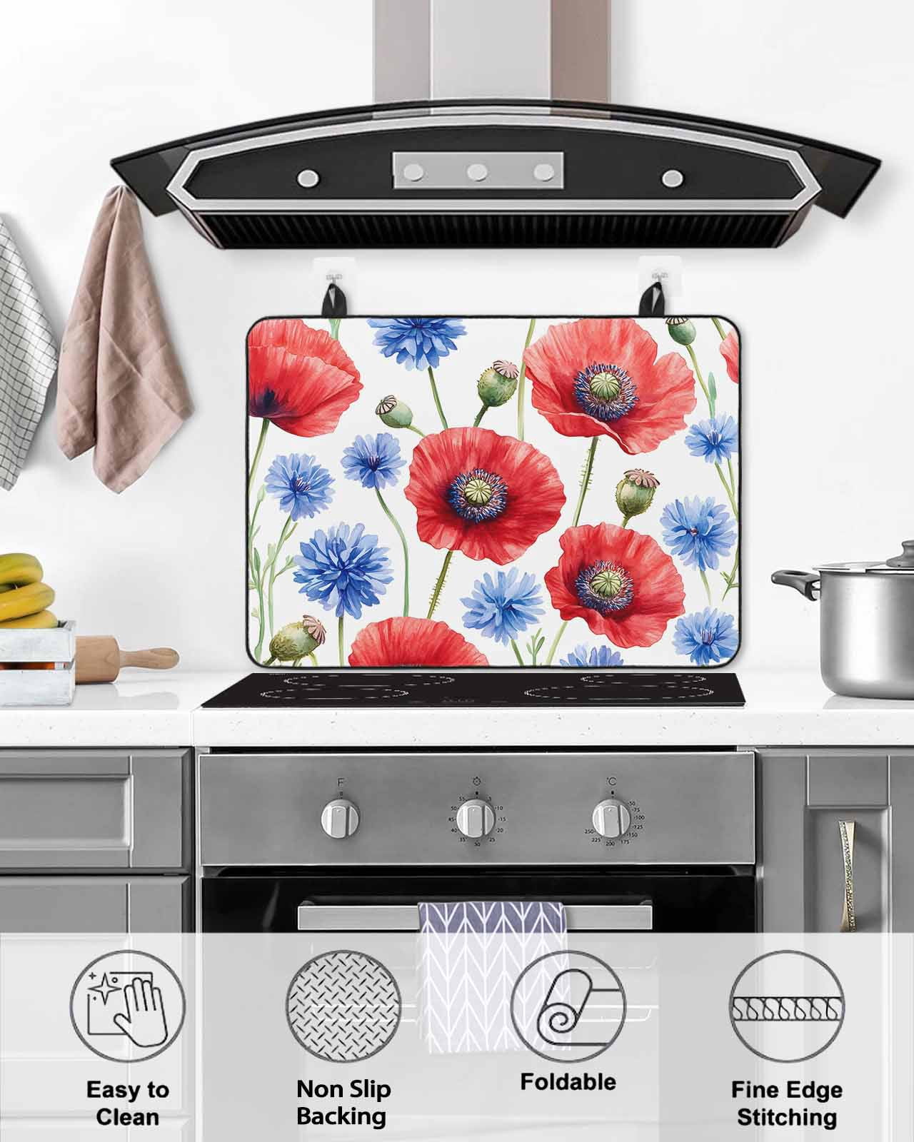nqOlkjepod Large Induction Cooktop Protector Mat 24"x21", Red Poppy Flower Stove Top Covers for Electric Stove, Blue Watercolor Budding Floral Summer Stove Burner Cover Mats, Glass Top Stove Cover