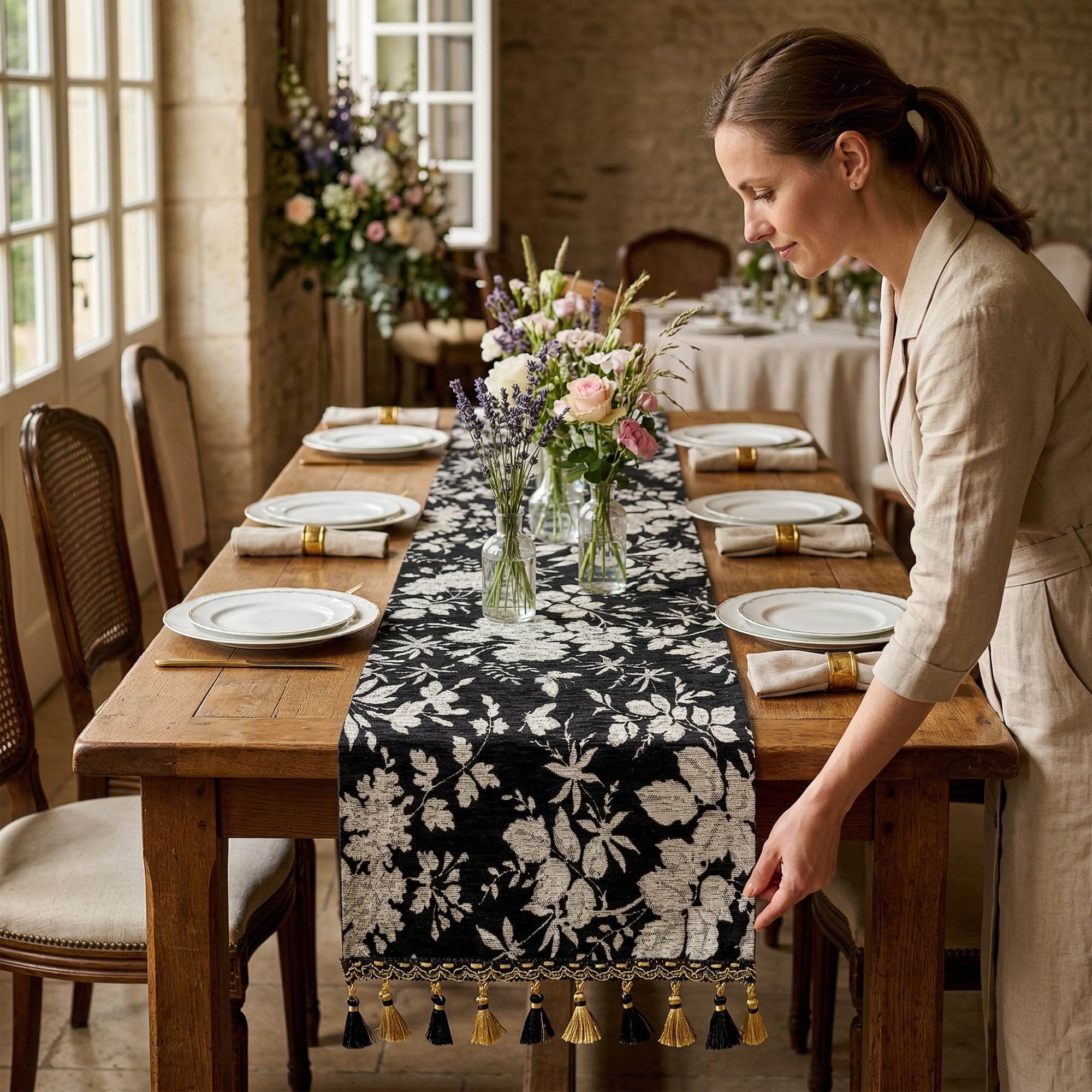Unique Bargains Floral Table Decoration Kitchen Runner with Tassel Black 13.8x63in