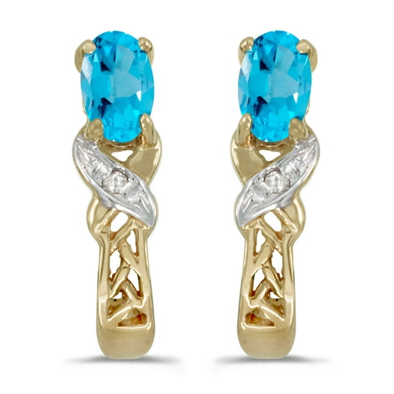 14k Yellow Gold Oval Blue Topaz And Diamond Earrings