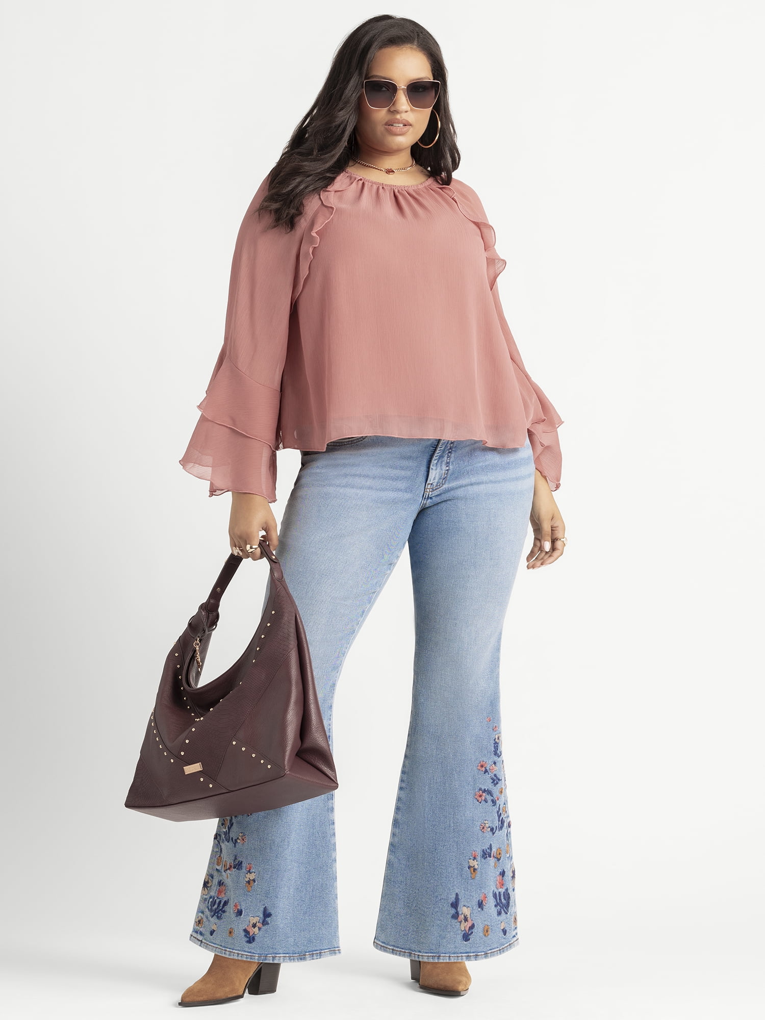 Jessica Simpson Women's Plus Elaine Ruffle Blouse with Long Sleeves, Sizes 0X-4X