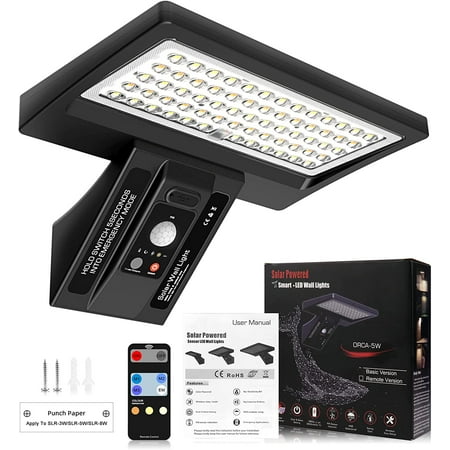 

Solar Wall Light Outdoor 650Lm IP65 Waterproof Type 2 Optical Lens 64 LED Dual Color Temperature 3-Mode Lighting Wall Light with Remote Control PIR Motion Sensor and USB Charging